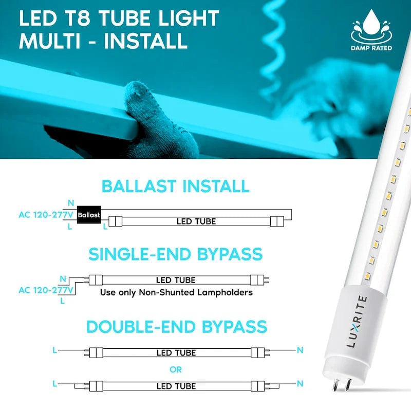 Luxrite 12-Pack 4FT T8 LED Tube Light Ballast and Ballast Bypass 13W=32W Single-End or Double-End Damp Rated UL Listed - image 3