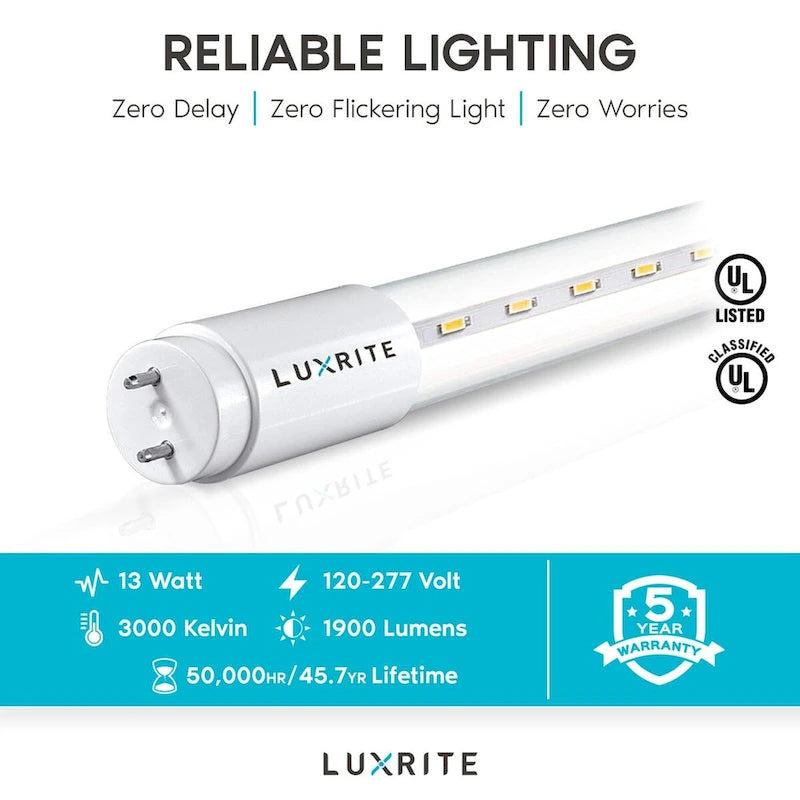 Luxrite 12-Pack 4FT T8 LED Tube Light Ballast and Ballast Bypass 13W=32W Single-End or Double-End Damp Rated UL Listed - image 5