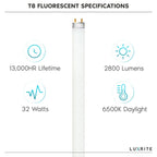 Luxrite 48 Inch T8 Fluorescent Tube Light Bulb 32W 6500K Daylight 2800 Lumens G13 Medium Bi-Pin Base 12-Pack - 6500K (Daylight) - image 4