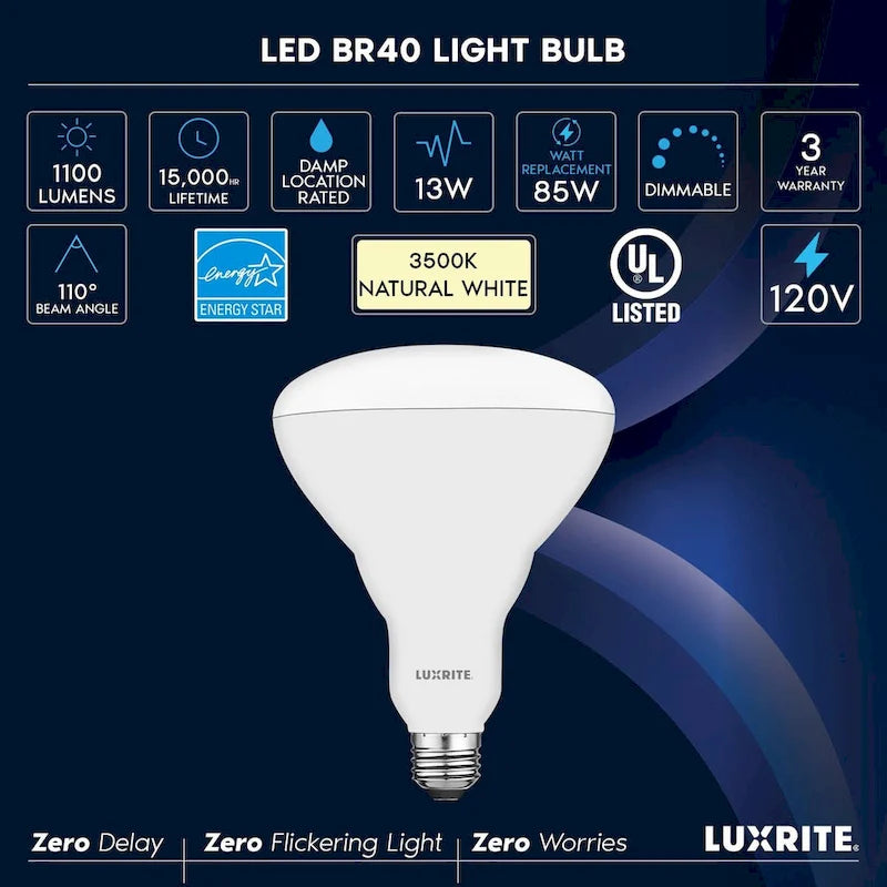 Luxrite BR40 LED Light Bulbs, 13W=85W, Dimmable, 1100 Lumens, Damp Rated, UL Listed, Energy Star, E26 Base 12-Pack - image 5