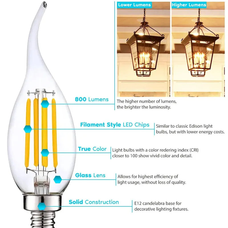 Glass Luxrite Candelabra LED Light Bulbs 100W Equivalent 800 Lumens 7W CA11 Dimmable Damp Rated UL Listed E12 24 Pack - image 3