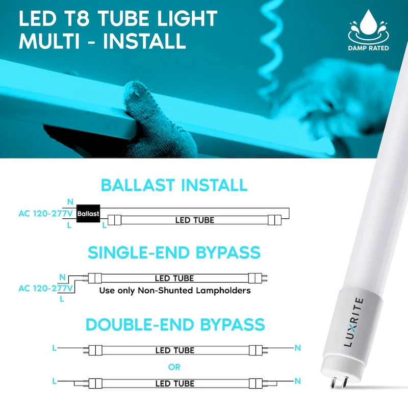 Luxrite 4FT T8 LED Tube Light, Ballast and Ballast Bypass, 13W=32W, 1800 Lumens, Damp Rated 12 Pack - image 4