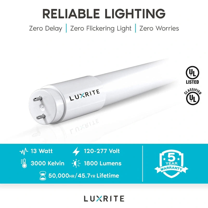 Luxrite 4FT T8 LED Tube Light, Ballast and Ballast Bypass, 13W=32W, 1800 Lumens, Damp Rated 12 Pack - image 18