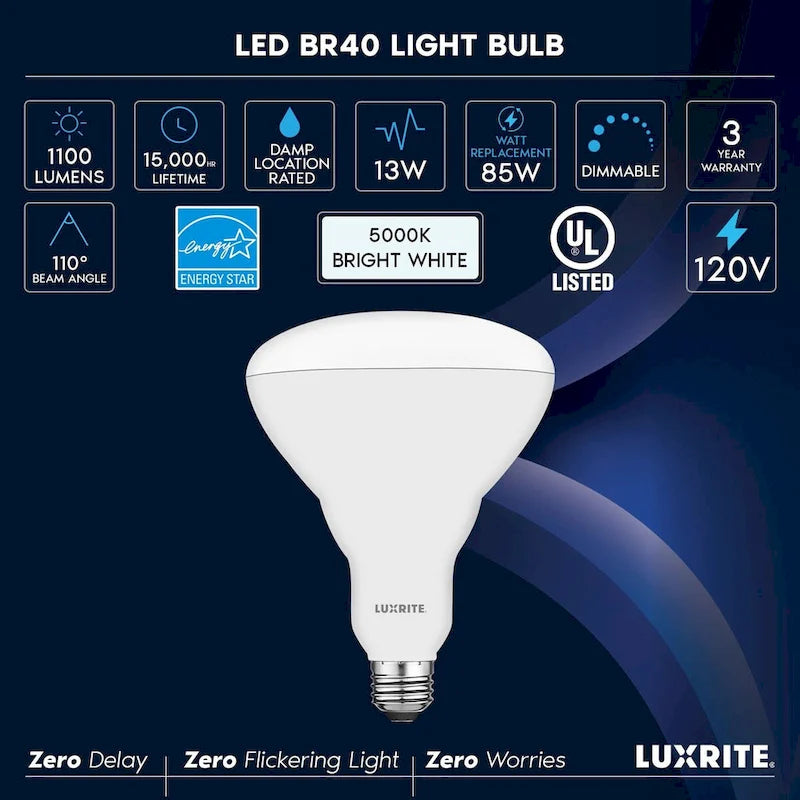 Luxrite BR40 LED Light Bulbs, 13W=85W, Dimmable, 1100 Lumens, Damp Rated, UL Listed, Energy Star, E26 Base 6-Pack - image 5