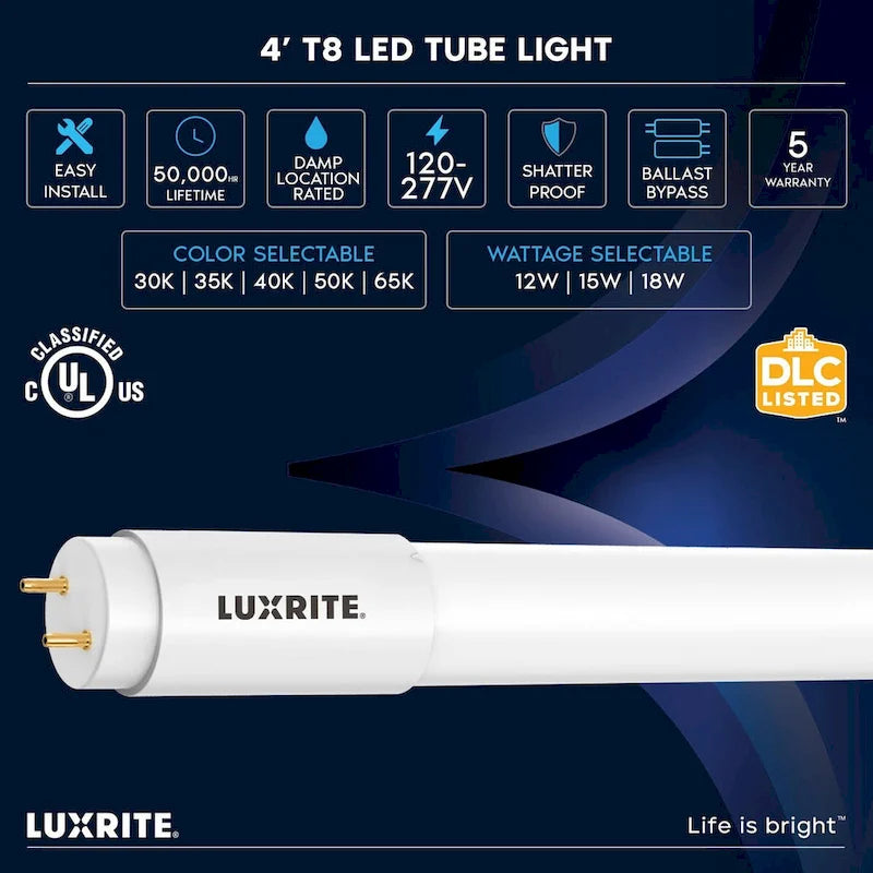 Glass Luxrite 30-Pack 4FT T8 LED Tube Lights, 12W/15W/18W Tunable, 5CCT 3000K-6500K, Ballast Bypass, Up to 2250LM, UL, DLC - 30 - image 7