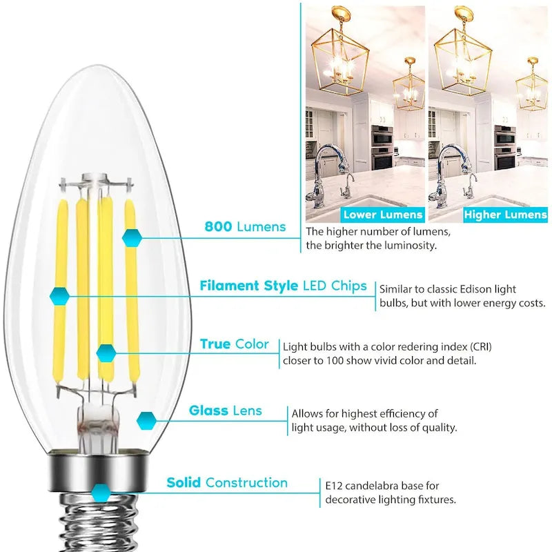 Glass Luxrite Candelabra LED Light Bulbs 100W Equivalent 800 Lumens 7W B11 Dimmable Damp Rated UL Listed E12 12 Pack - image 3