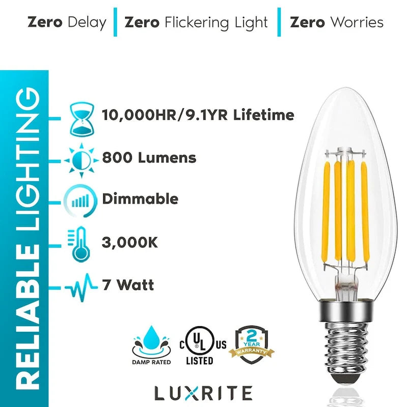 Glass Luxrite Candelabra LED Light Bulbs 100W Equivalent 800 Lumens 7W B11 Dimmable Damp Rated UL Listed E12 12 Pack - image 18