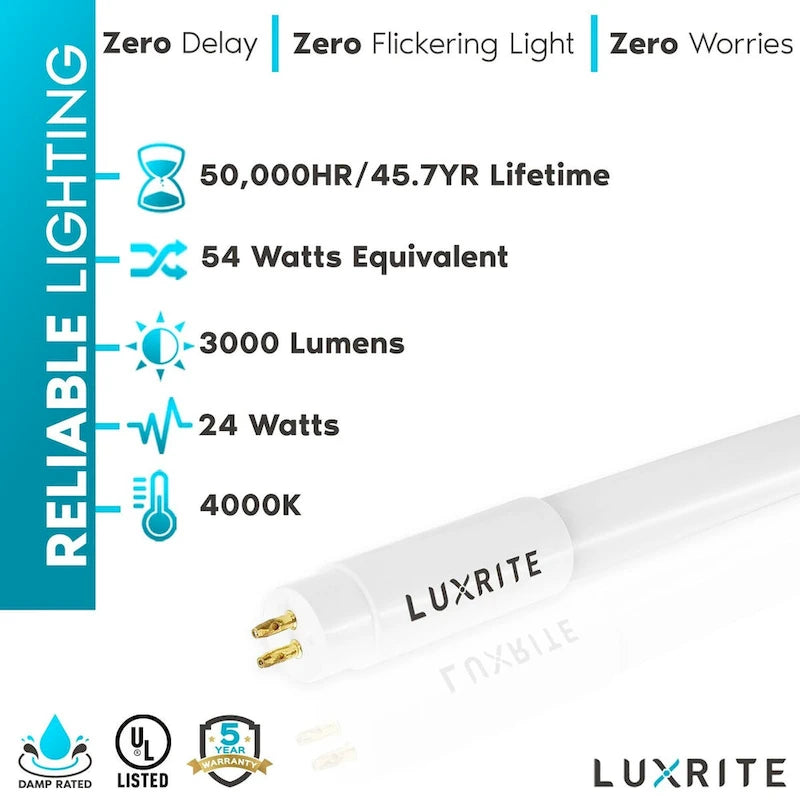 Luxrite 4FT T5 LED Tube Lights, 24W=54W, 45.78", Ballast and Ballast Bypass Compatible, Damp Rated 12 Pack - image 13