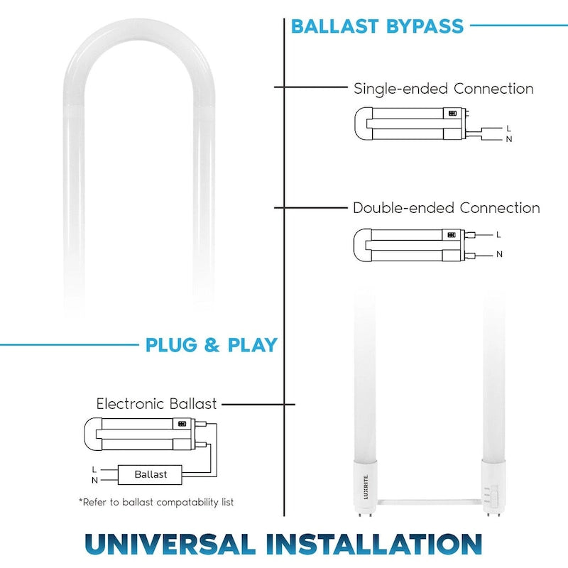 Glass Luxrite U Bend LED Tube Light, T8 T12, 17.5W, 3 CCT, 2100 Lumens Direct or Ballast Bypass UL Listed G13 Base 6-Pack - image 3