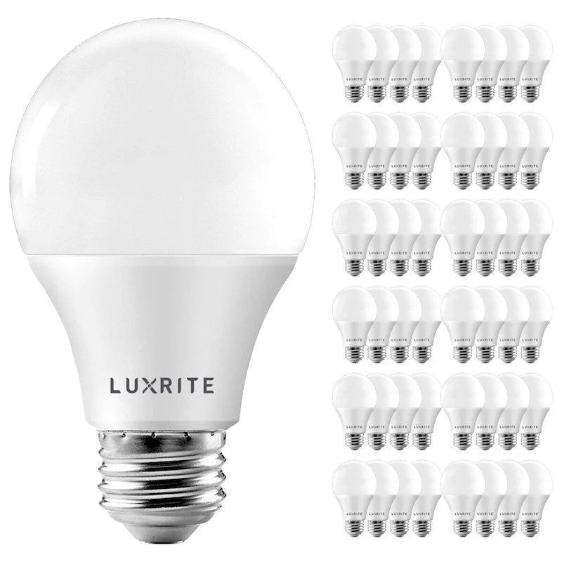 Ampoule LED Luxrite A19 équivalent 60 W, 3500 K, 800 lumens, dimmable, culot E26, lot de 48, pour luminaire fermé.