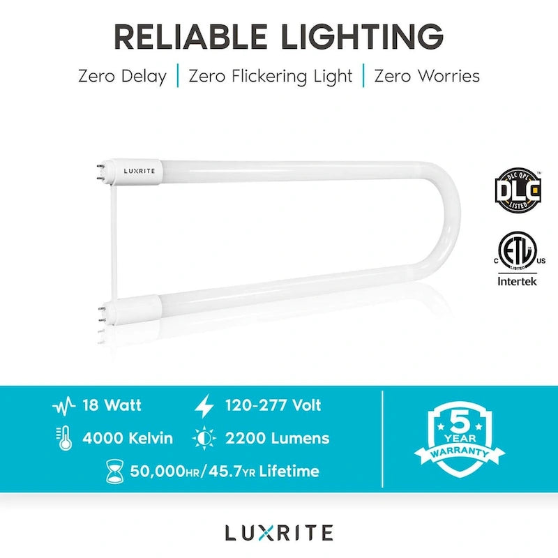Luxrite U Bend LED Tube Light, T8 T12, 18W (32W Equivalent), 2100 Lumens, Direct or Ballast Bypass, G13 Base (4 Pack) - image 3