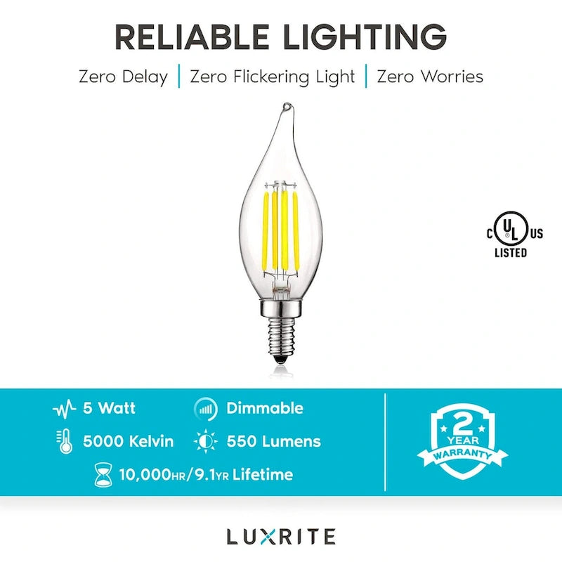 Luxrite 5W Vintage Candelabra LED Bulbs Dimmable, 550 Lumens, 60W Equivalent, Clear Glass, E12 Base (24 Pack) - image 16