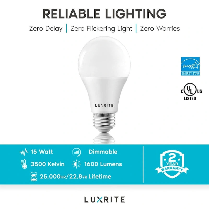 Luxrite A19 LED Light Bulb 100W Equivalent 3500K 1600 Lumens Dimmable 15W Enclosed Fixture Rated E26 Base 16 Pack - image 7