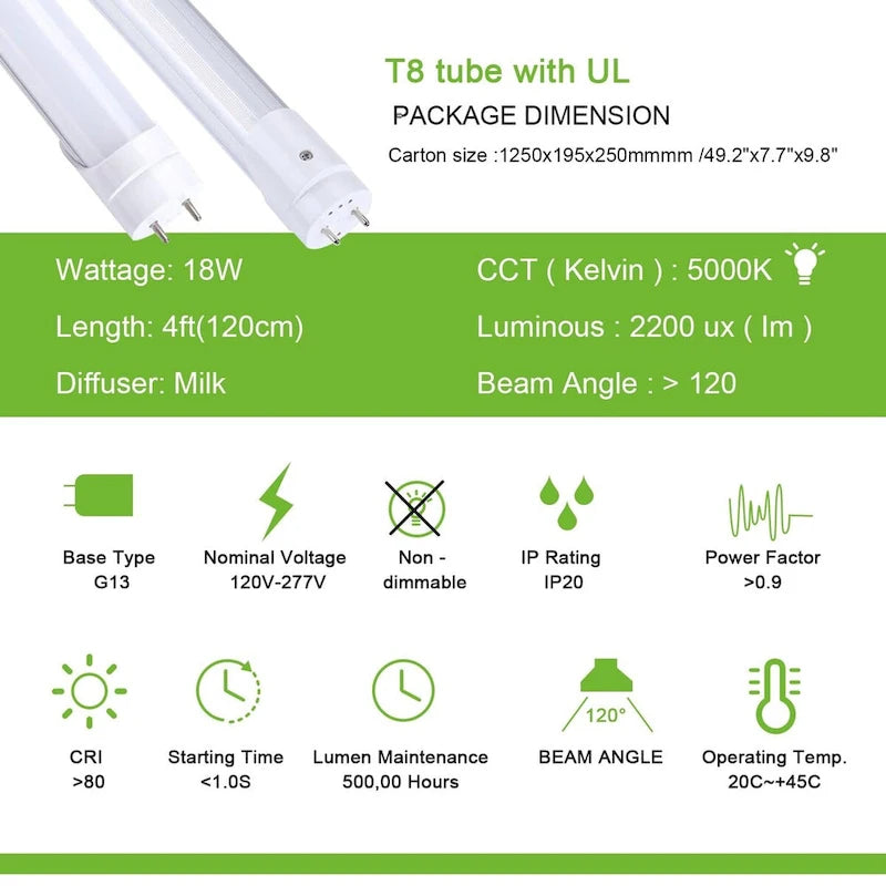 Glass Luxuries 4FT LED T8 Ballast Bypass Type B Light Tube, 18W, Single-Ended & Dual-Ended Connection, 2300lm, 5000K, 30 Pack - 30pcs - image 4