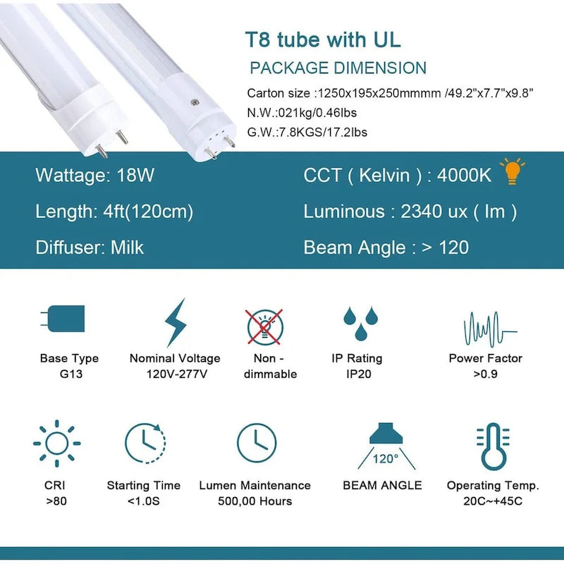 Glass Luxuries 4FT LED T8 Ballast Bypass Type B Light Tube, 18W, Single-Ended & Dual-Ended Connection, 2340LM, 4000K, 30 Pack - 30pcs - image 4